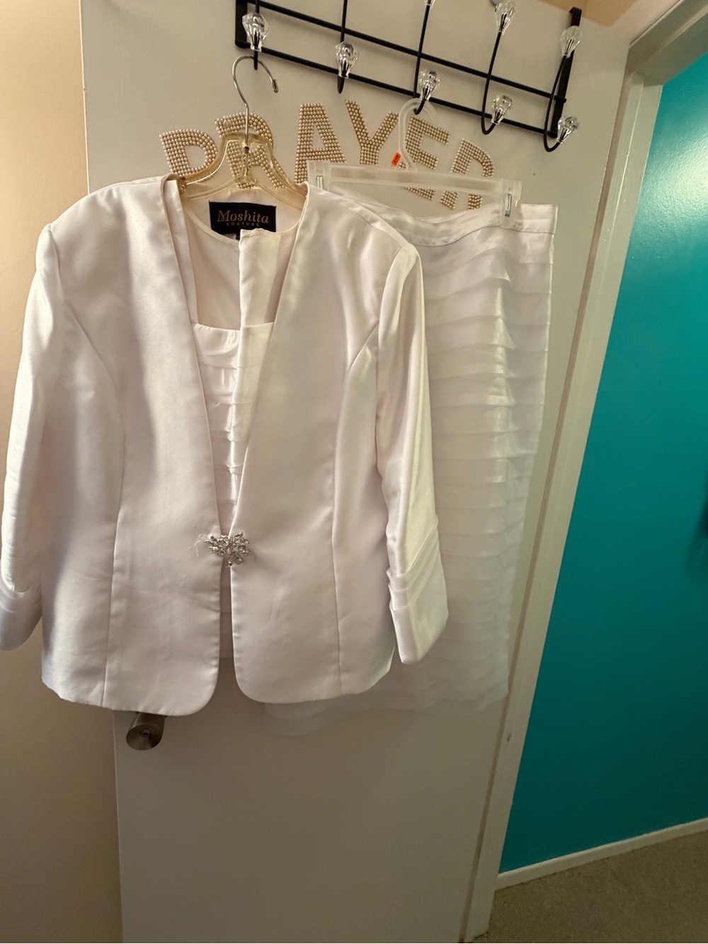 Moshita Women's White Satin Blazer with Decorative Brooch